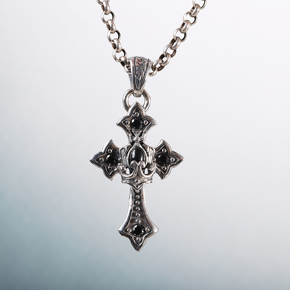 Men's Thick Sterling Silver Gothic Cross Necklace with Black Stones - Vintage White Silver Chain