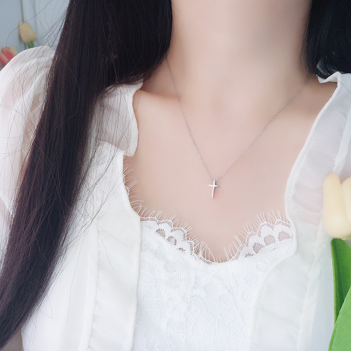 Thin Sterling Silver Chain with Minimalist Cross Pendant – Dainty Silver Necklace