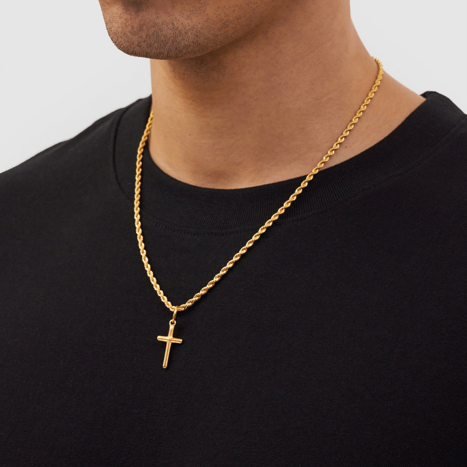 Tiny 14K Gold Cross Necklace – Minimalist Rope Chain Pendant for Men & Women