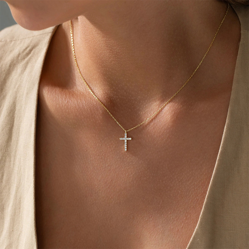 Tiny Cross Necklace – Dainty Gold Tiny Cross Pendant with Cubic Zirconia