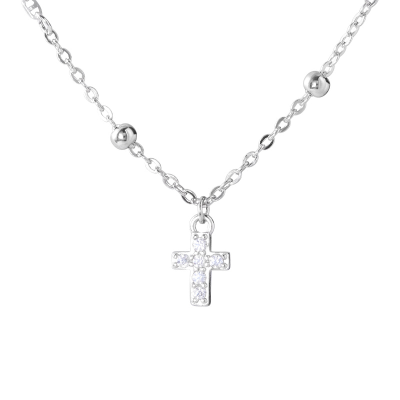 Tiny Diamond Cross Pendant Necklace – Thin Beaded Chain Minimalist Jewelry