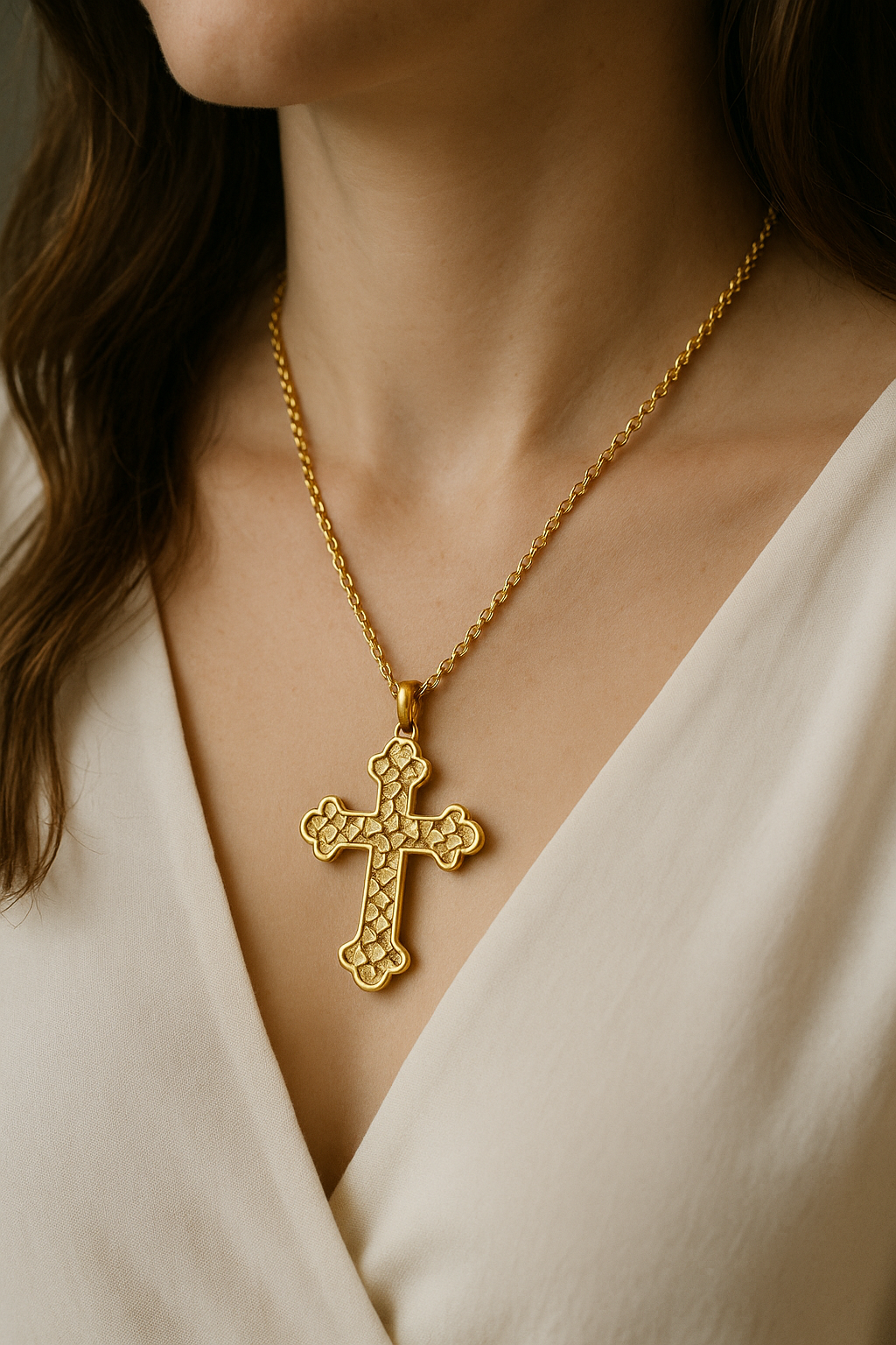 Unique Cross Necklace for Women – Gold-Tone Unusual Pendant with Textured Design