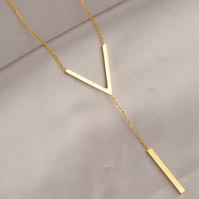 Geometric Y Bar Pendant Necklace – Gold Titanium Steel