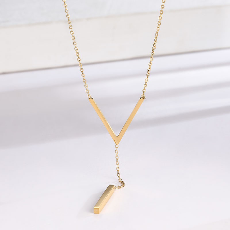 Geometric Y Bar Pendant Necklace – Gold Titanium Steel