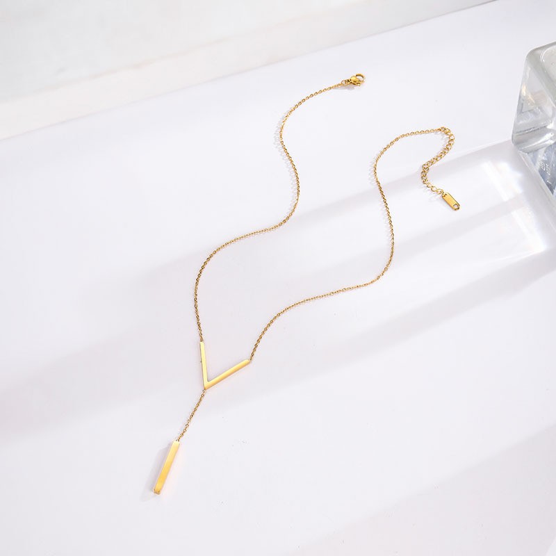 Geometric Y Bar Pendant Necklace – Gold Titanium Steel