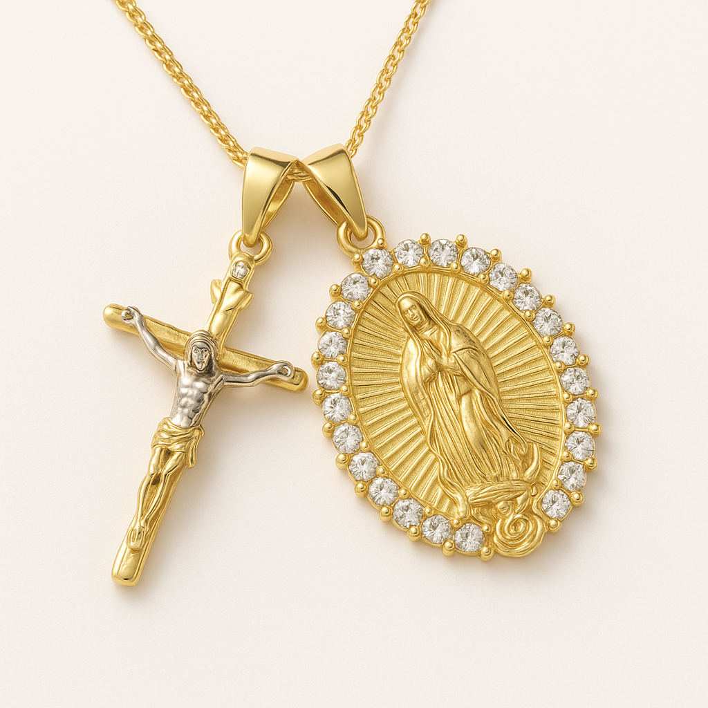 Gold Cross and Virgin Mary Necklace – Dual Pendant Catholic Jewelry