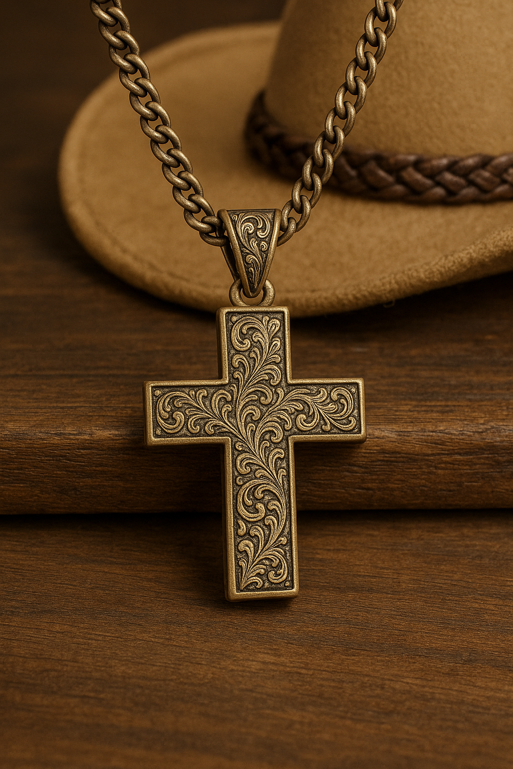 Vintage Western Style Cross Pendant Necklace with Floral Carvings – Unisex Antique Gold Jewelry