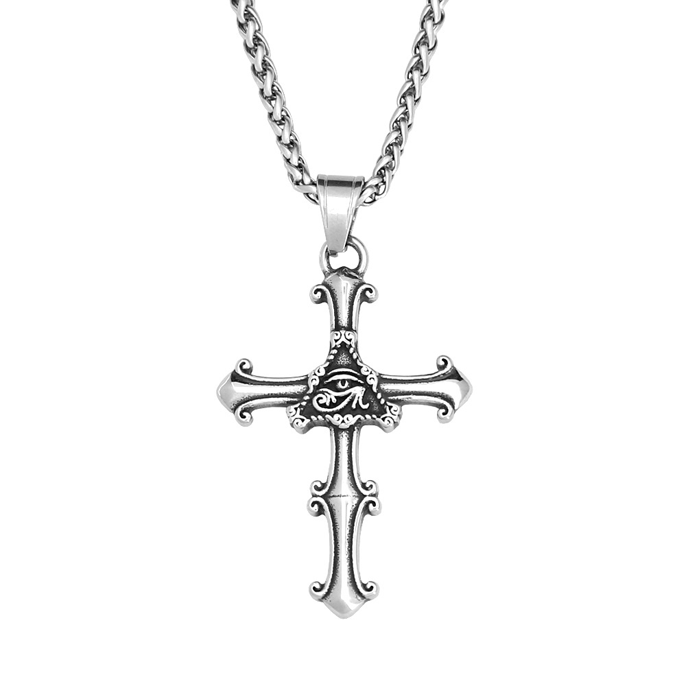 Large Western Cross Necklace for Men & Women, Stainless Steel Vintage Eye of Providence Cross Pendant, Unisex Western Jewelry