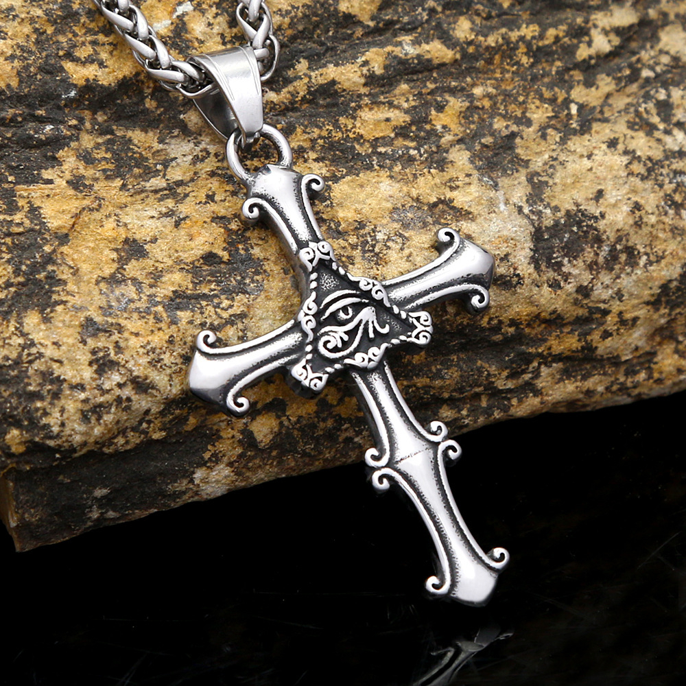 Large Western Cross Necklace for Men & Women, Stainless Steel Vintage Eye of Providence Cross Pendant, Unisex Western Jewelry