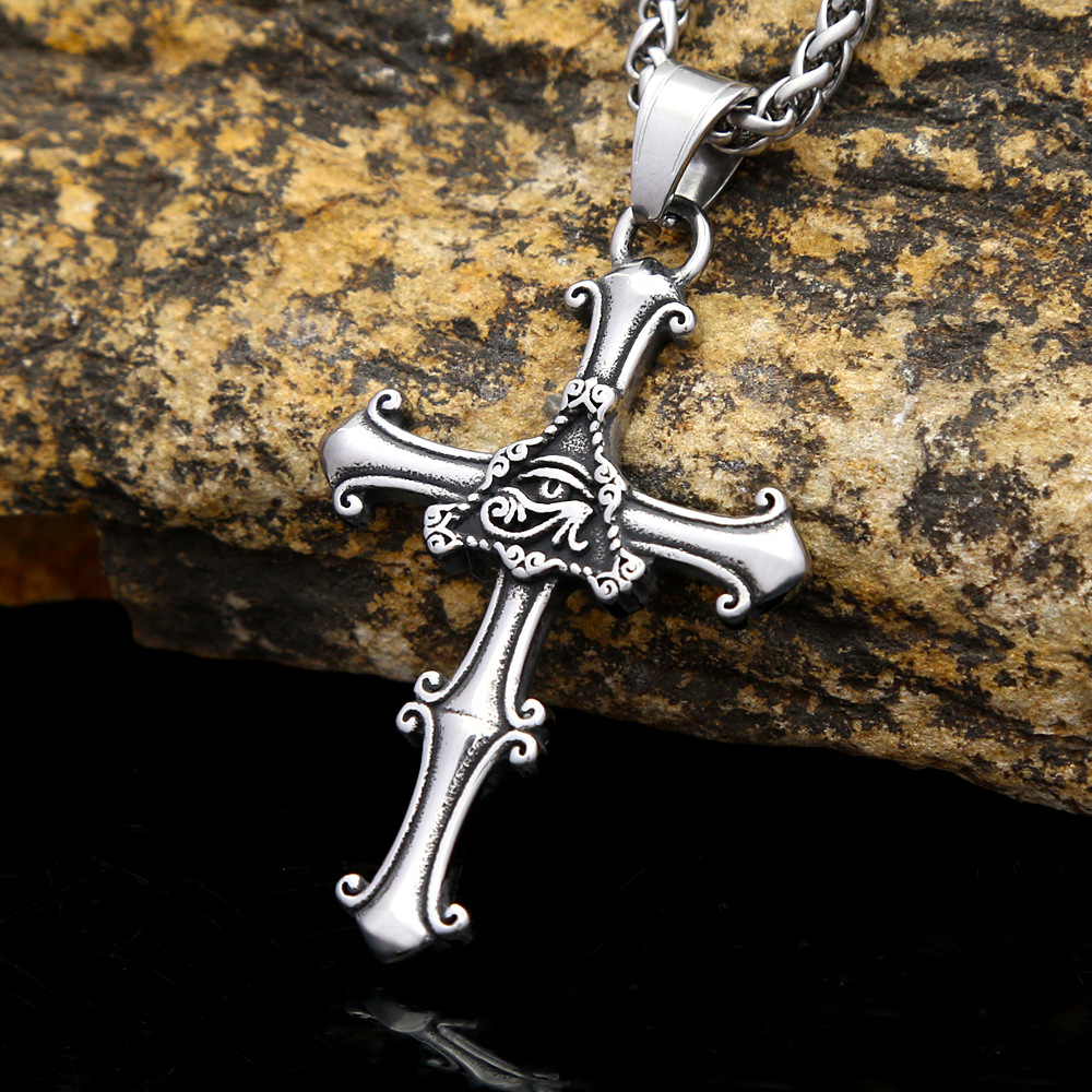 Large Western Cross Necklace for Men & Women, Stainless Steel Vintage Eye of Providence Cross Pendant, Unisex Western Jewelry