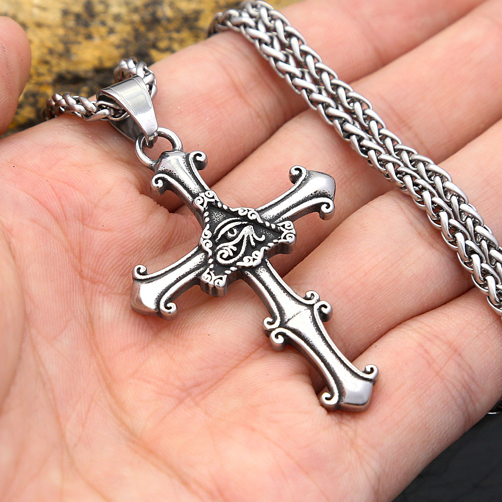 Large Western Cross Necklace for Men & Women, Stainless Steel Vintage Eye of Providence Cross Pendant, Unisex Western Jewelry