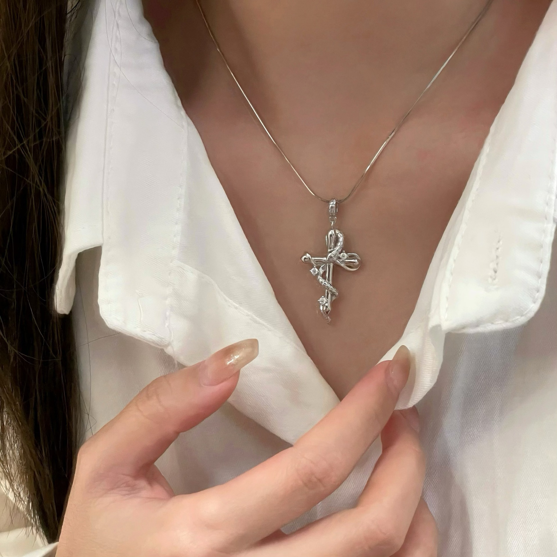 Unique Thin Silver Chain for Pendant – Artistic Cross Bow Necklace, 925 Sterling Silver Minimalist Jewelry