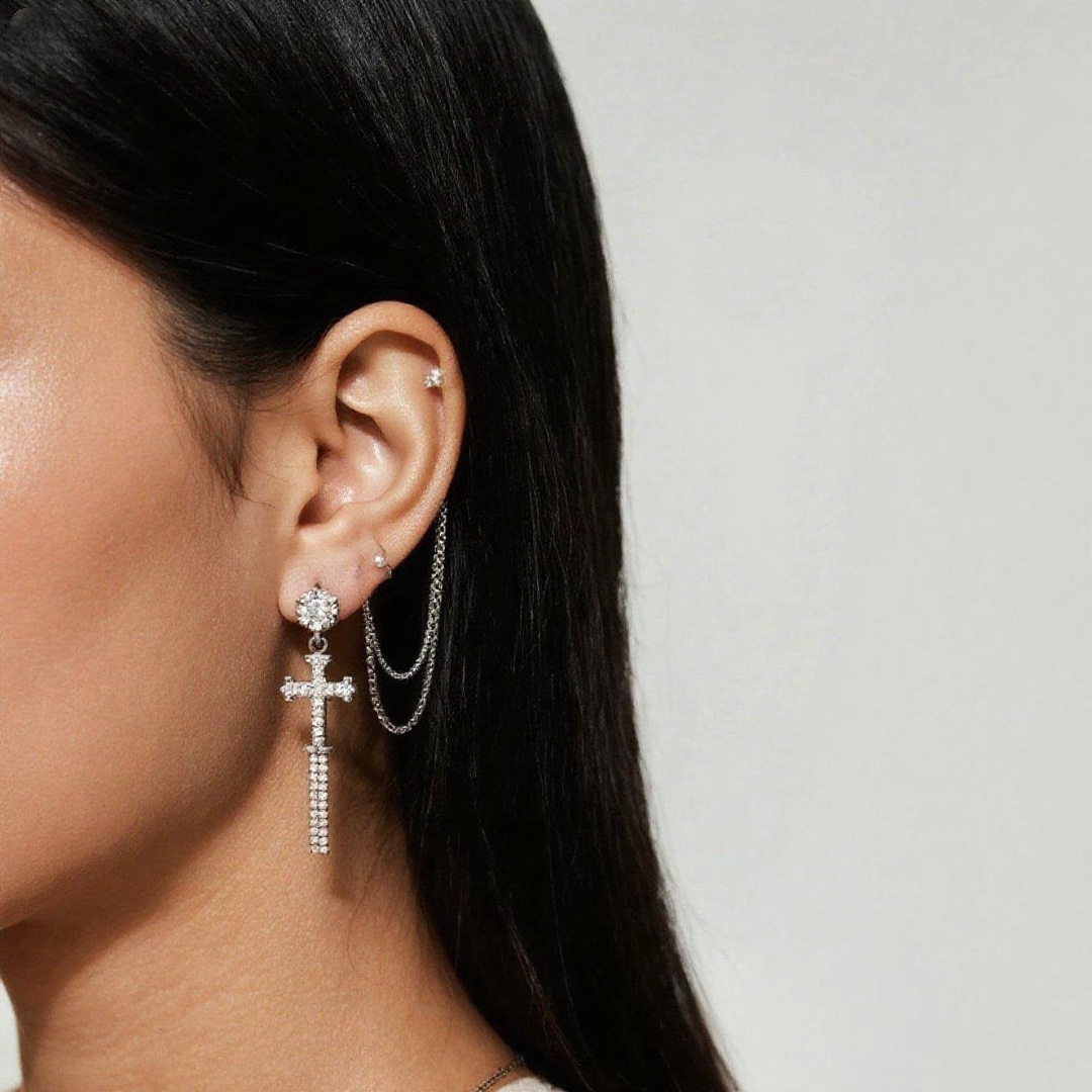 White Gold Cross Earrings with Chains, Elegant Crystal Drop Statement Earrings for Women