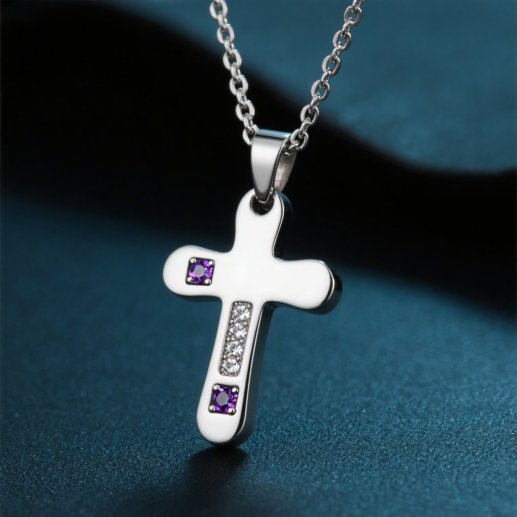 White Gold Diamond Cross Necklace for Sale, Purple & Clear Cubic Zirconia Pendant, Elegant Jewelry for Women