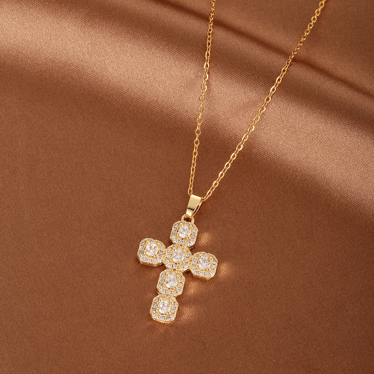 Luxury 18K Gold Plated Cross Pendant Necklace, Sparkling Clustered Gem Necklace for Women