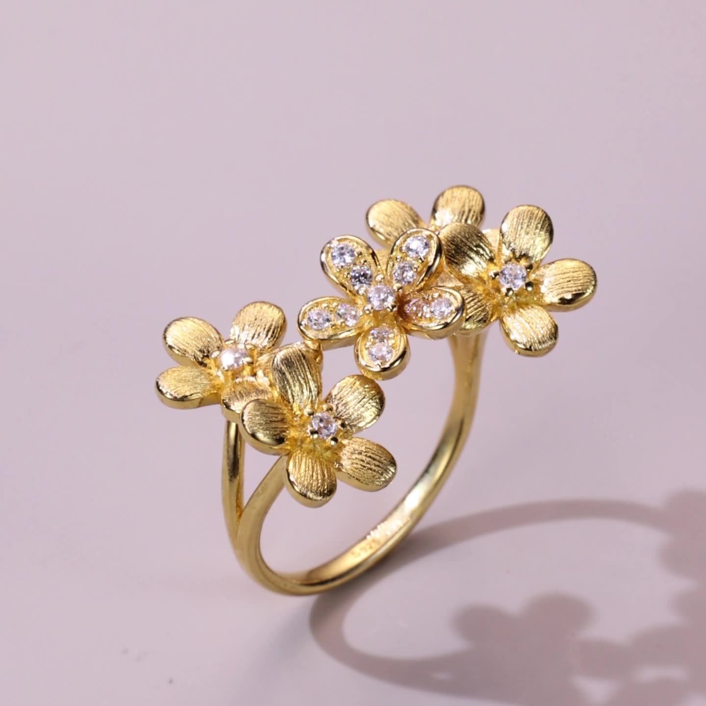 Blossom Flower Ring – 925 Silver with White Zircon & Brushed Finish