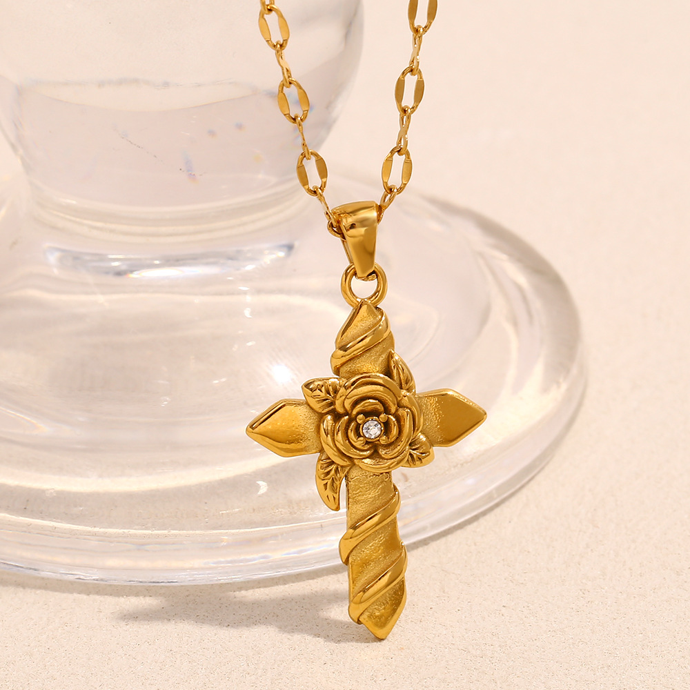 Plating 18K Gold Stainless Steel Rose Cross Necklace for Women – Elegant Twisted Floral Pendant