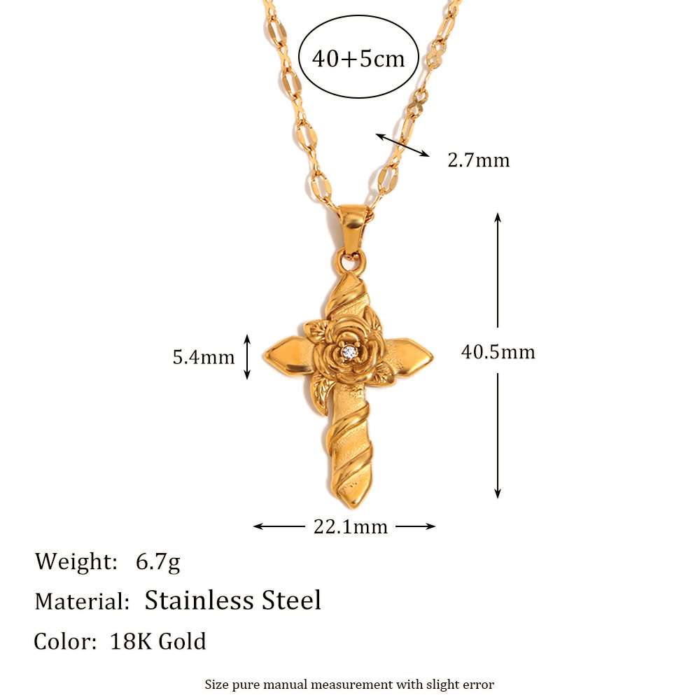 Plating 18K Gold Stainless Steel Rose Cross Necklace for Women – Elegant Twisted Floral Pendant