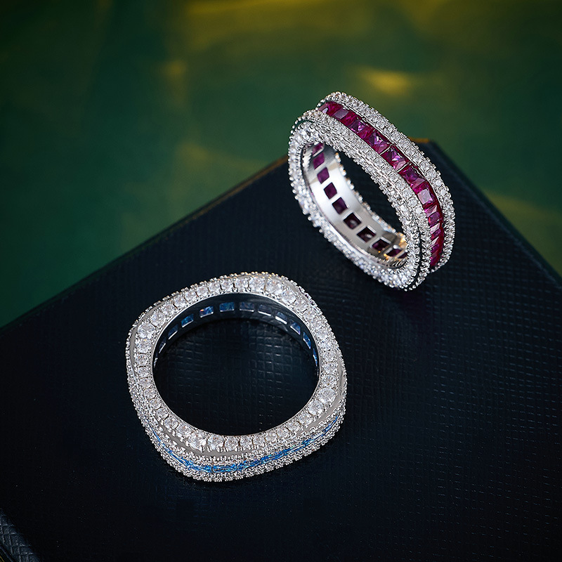 Irregular Geometric Ring – Full Zircon Paved Copper Band in Red & Silver