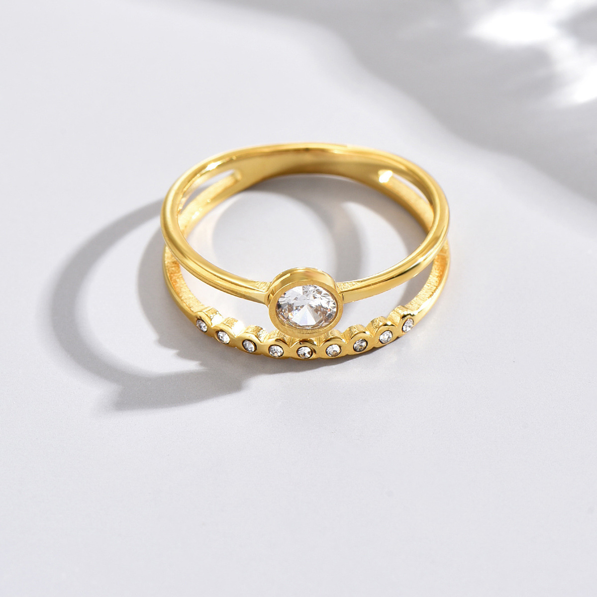 Gold Stainless Steel Zircon Ring for Women - Elegant Open Adjustable Band