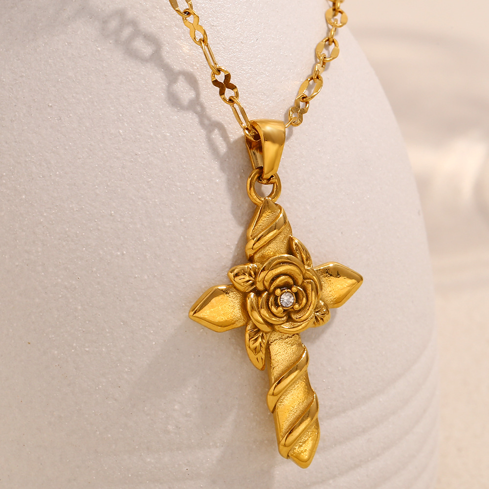 Plating 18K Gold Stainless Steel Rose Cross Necklace for Women – Elegant Twisted Floral Pendant