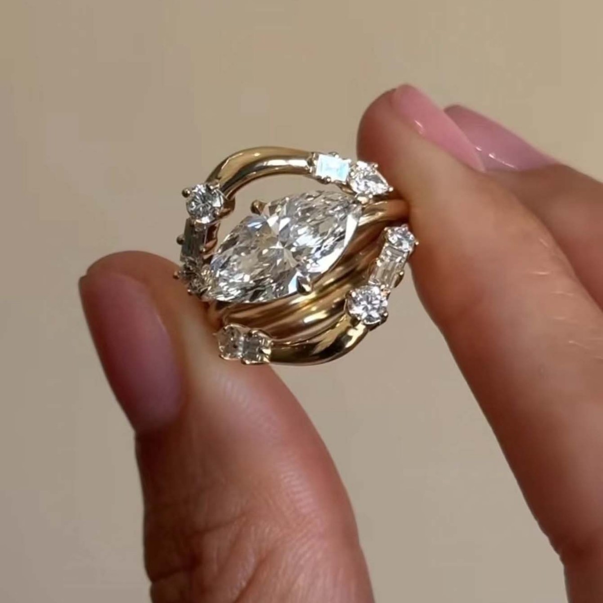 Gold Moissanite Diamond Ring Set – Elegant Marquise Cut Sterling Silver Band