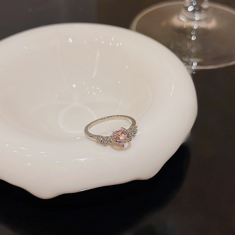 Sterling Silver Heart Ring with Pink Zircon – Adjustable Romantic Minimalist Ring for Women