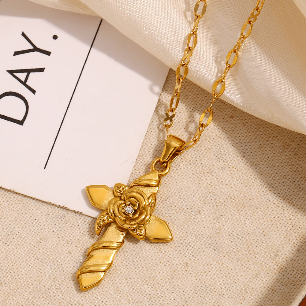 Plating 18K Gold Stainless Steel Rose Cross Necklace for Women – Elegant Twisted Floral Pendant