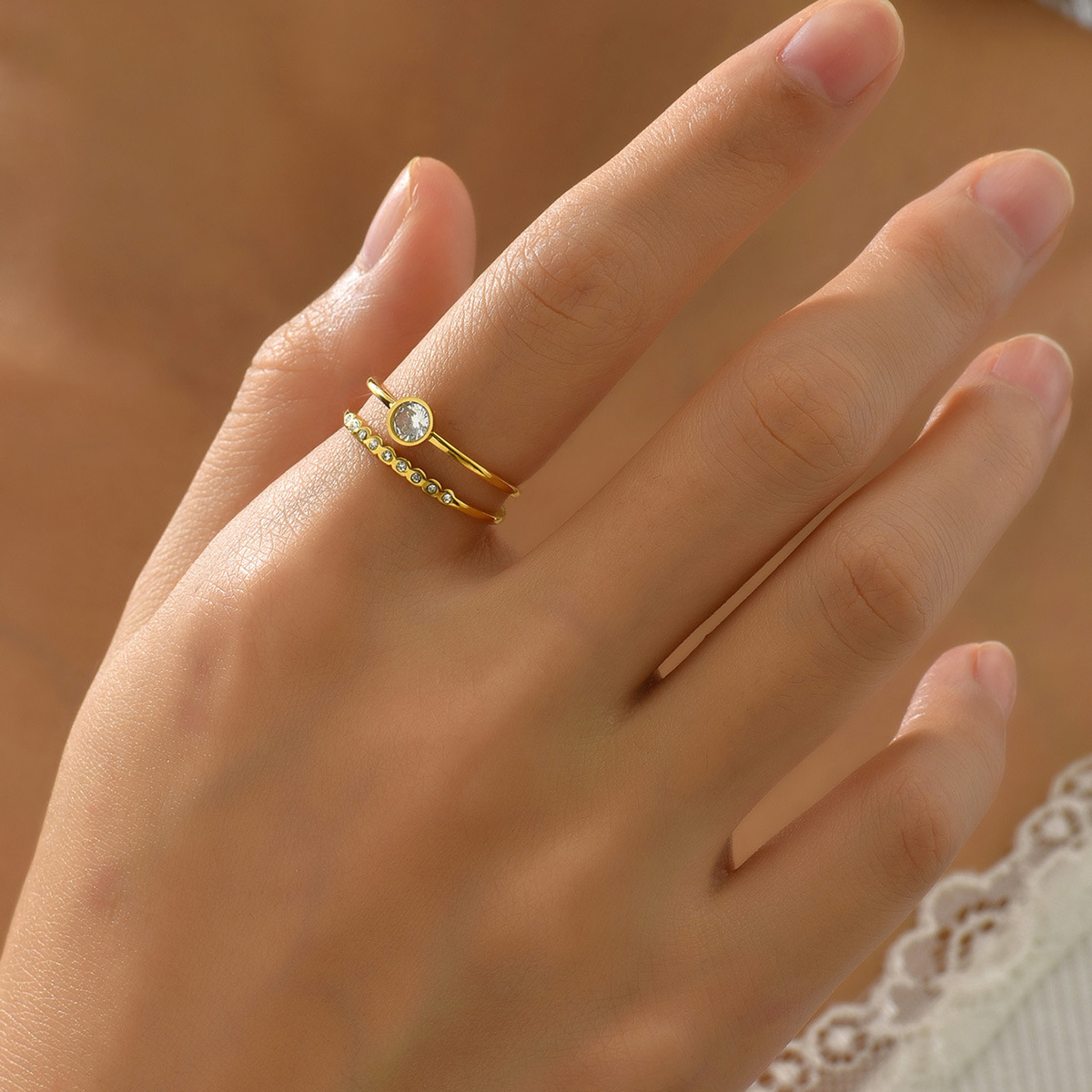 Gold Stainless Steel Zircon Ring for Women - Elegant Open Adjustable Band