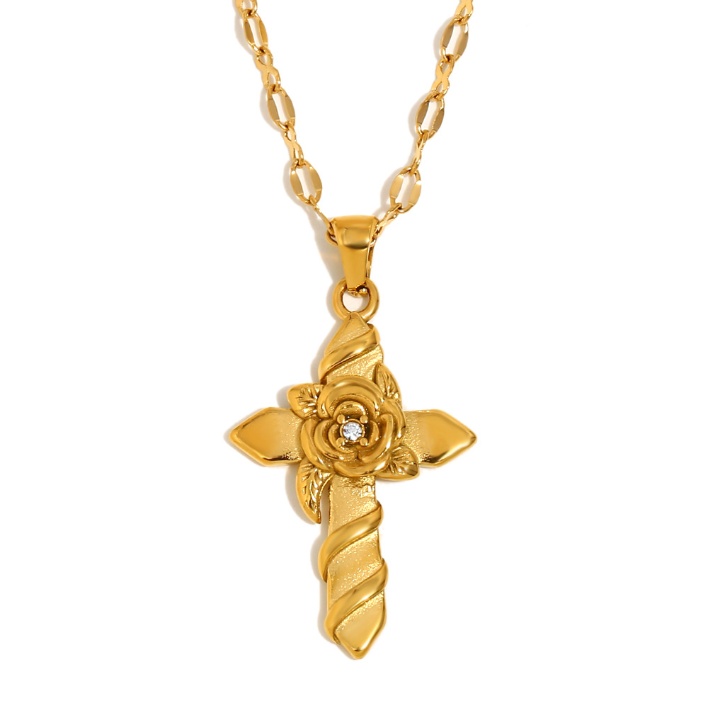Plating 18K Gold Stainless Steel Rose Cross Necklace for Women – Elegant Twisted Floral Pendant