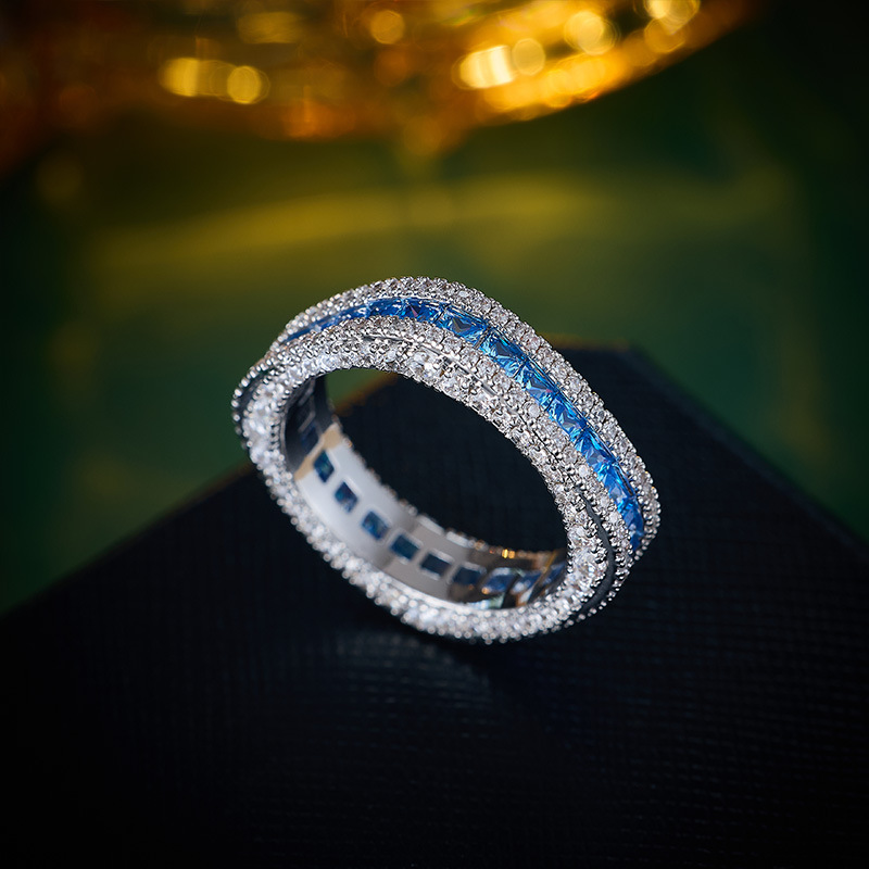 Irregular Geometric Ring – Full Zircon Paved Copper Band in Red & Silver