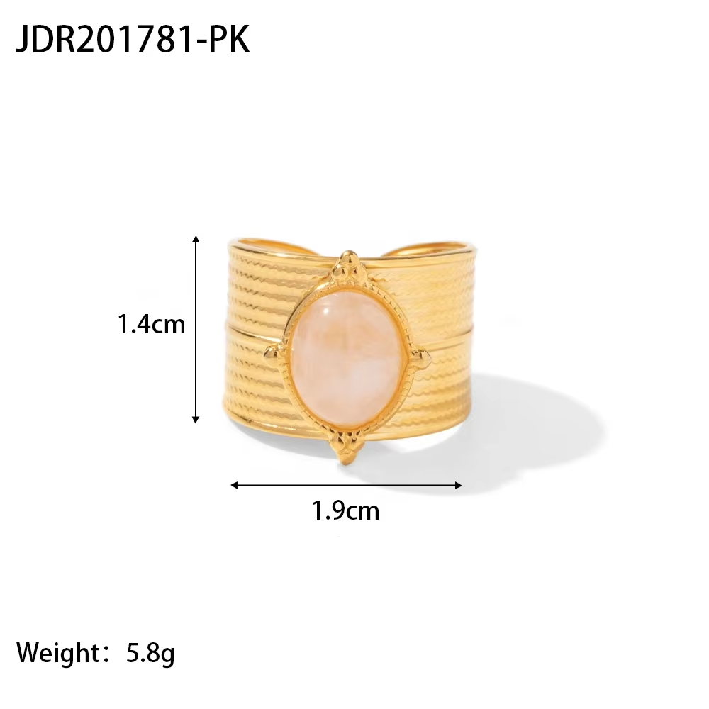 18K Gold Plated Rose Quartz Wide Adjustable Stainless Steel Ring – Vintage Gemstone Statement Jewelry