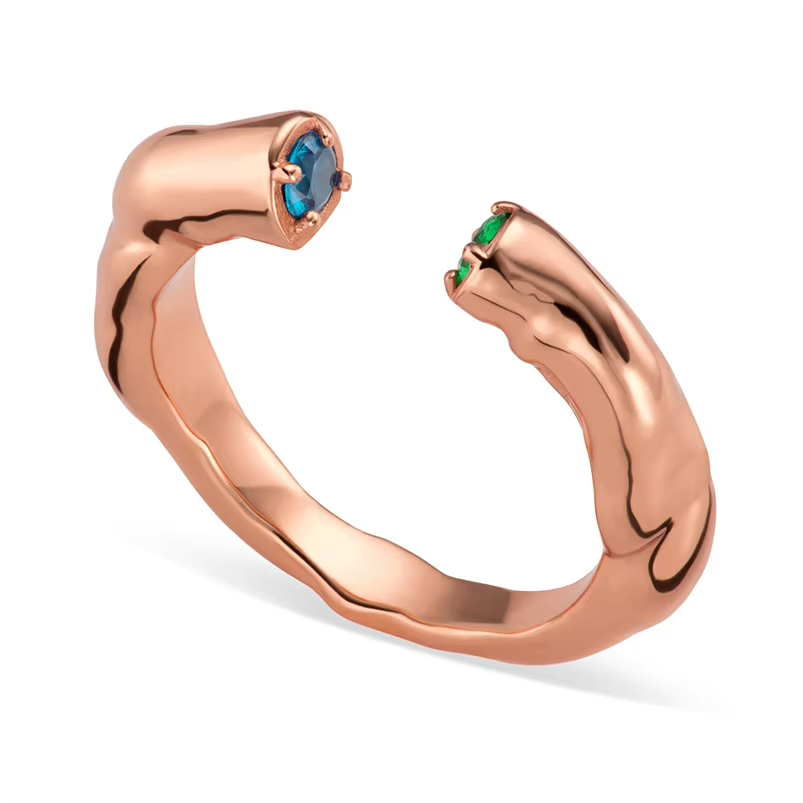 Modern Open Stacker Ring in 925 Sterling Silver with 18K Gold and Dual Cubic Zirconia Gems