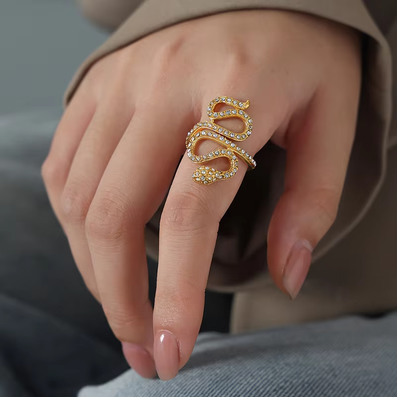 18K Gold Plated Snake Stacking Ring – Cubic Zirconia Hip-Hop Waterproof Adjustable Stainless Steel Unisex Jewelry