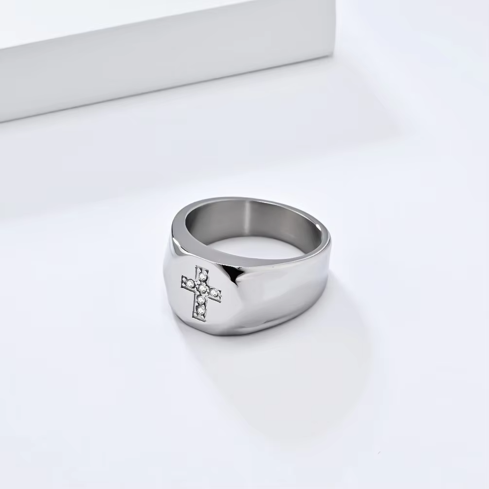 Retro Cross Stainless Steel Ring – Gold, Silver & Black with Zircon Inlay