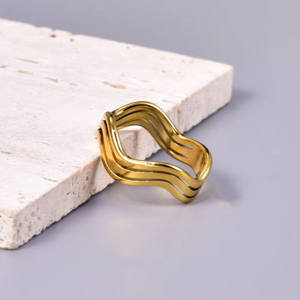 Charm 18K Gold Plated Multilayer Hollow Wave Ring – Stainless Steel Fashion Jewelry
