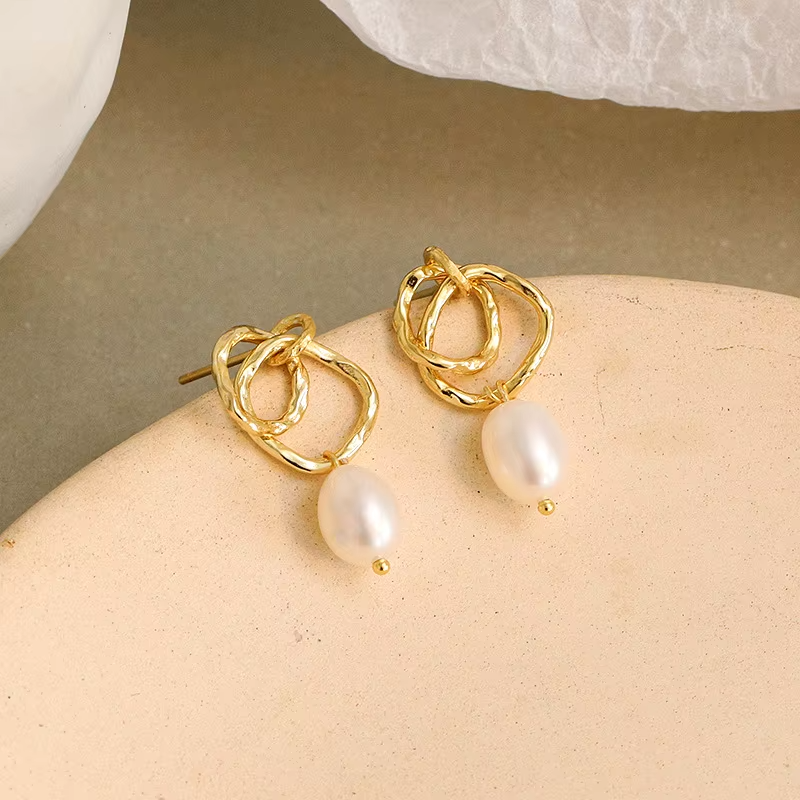 925 Sterling Silver Pearl Drops Earrings Double Hoops Baroque Pearl Earrings