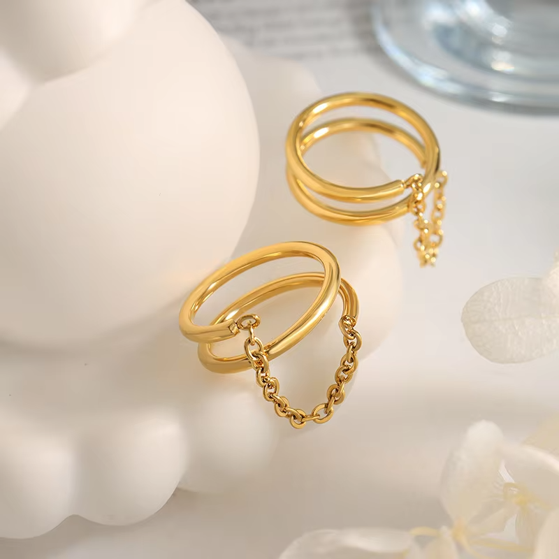 Elegant Retro Double-Layer Chain Ring – 18K Gold Plated Stainless Steel