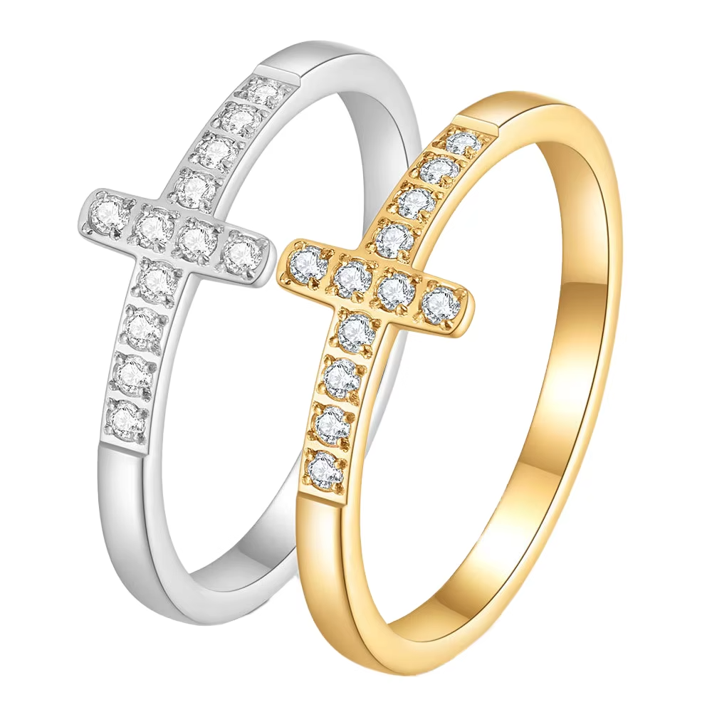 18K Gold & Silver Zircon Cross Ring – Stainless Steel Wedding & Fashion Jewelry for Women & Men
