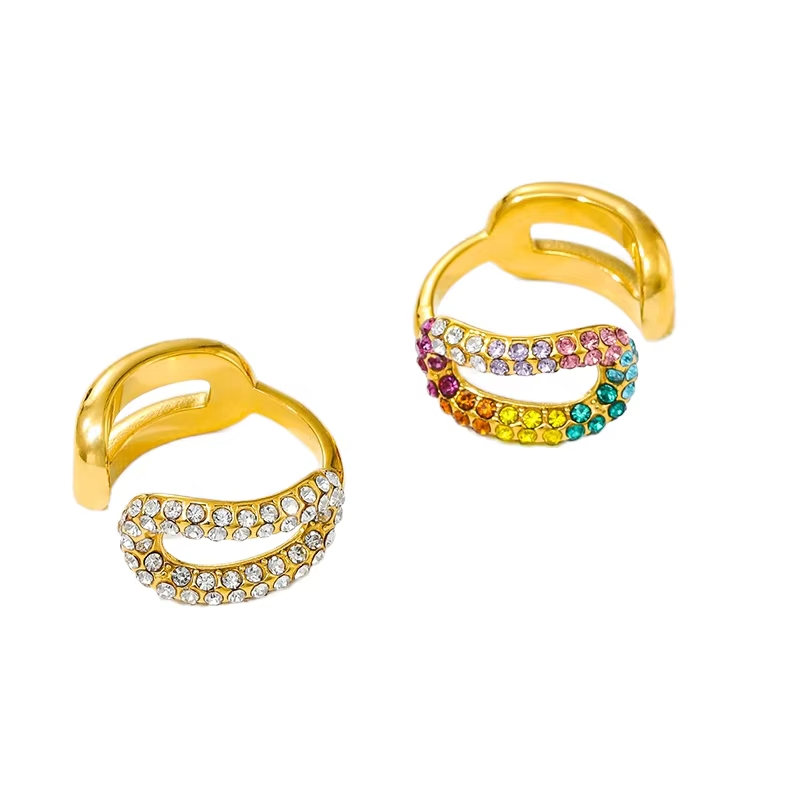 Trendy 18K Gold Plated Stainless Steel Open Rings with Cubic Zirconia – Multicolor & Clear Crystal Fashion Jewelry