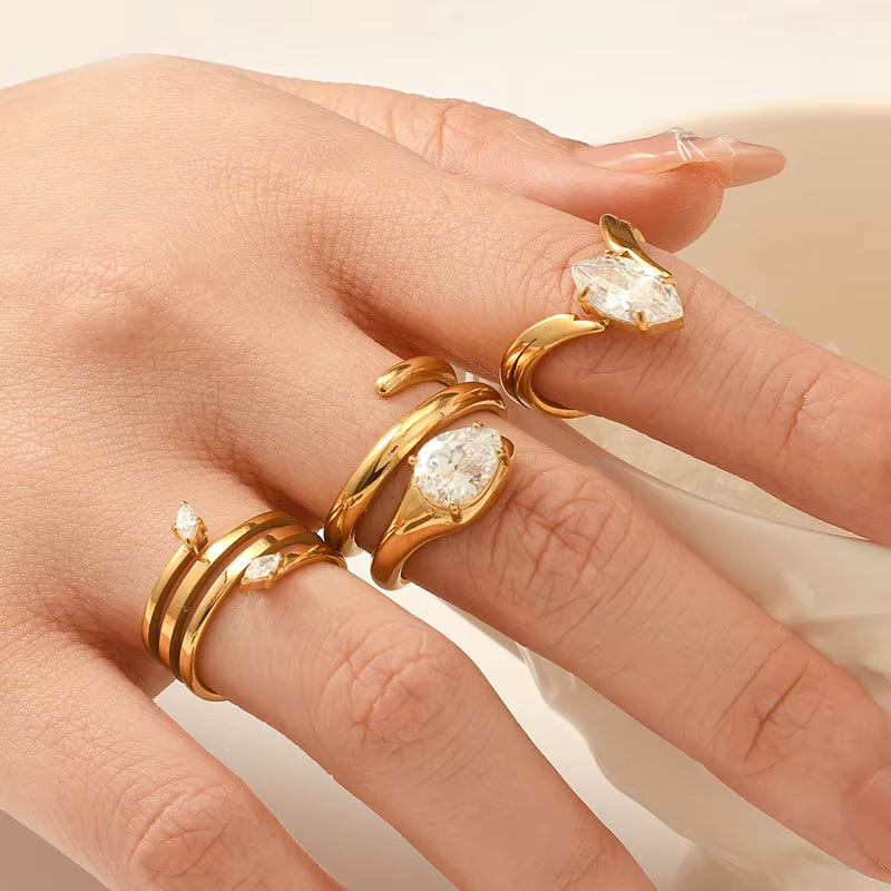 18K Gold Plated Waterproof Zircon Stainless Steel Stackable Rings Set for Women – Elegant Engagement Jewelry