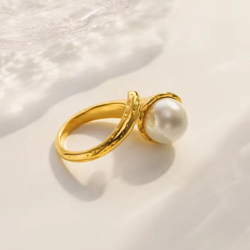 18K Gold Plated Stainless Steel Pearl Open Ring – Irregular Minimalist Design for Women
