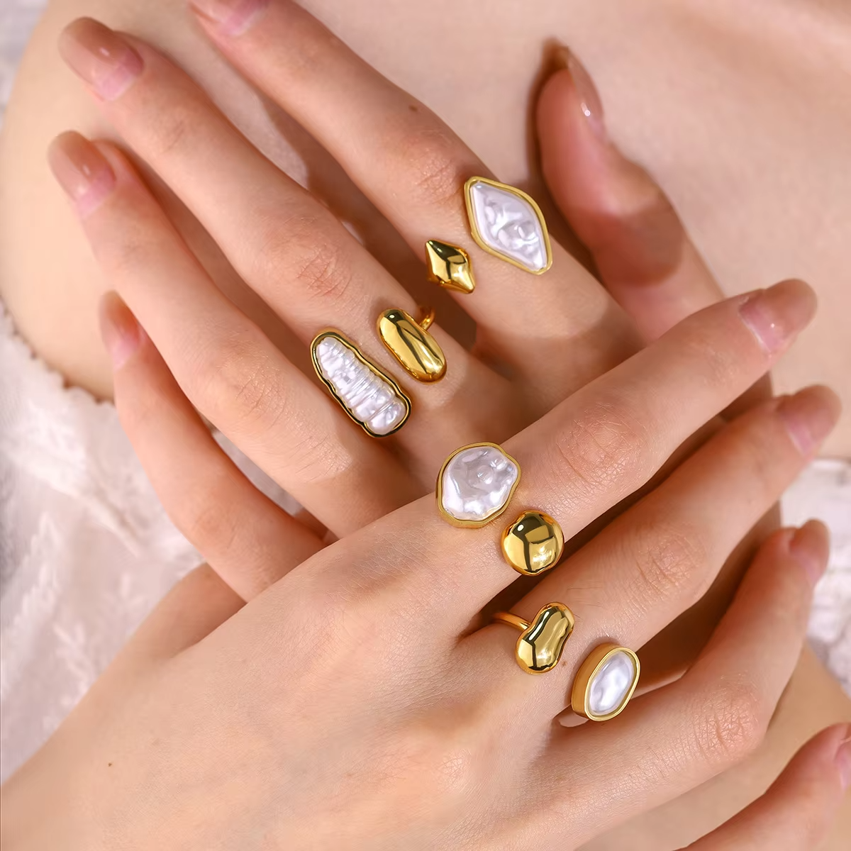 Geometric Pearl Open Ring Set – 18K Gold Plated Stainless Steel Personality Jewelry for Women