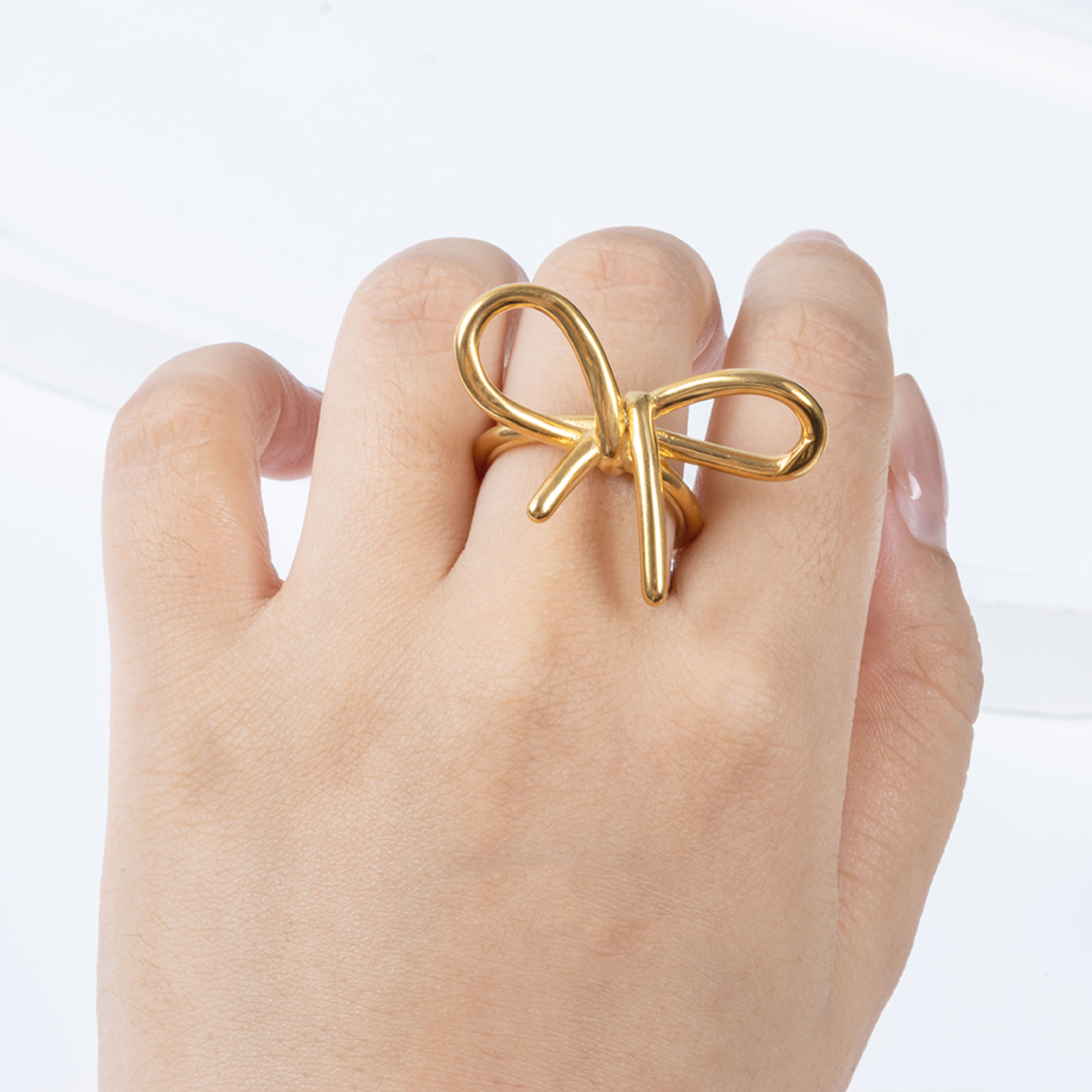 18K Gold Plated Stainless Steel Bowknot Ring – Fashionable Valentine Gift Wedding Jewelry for Women