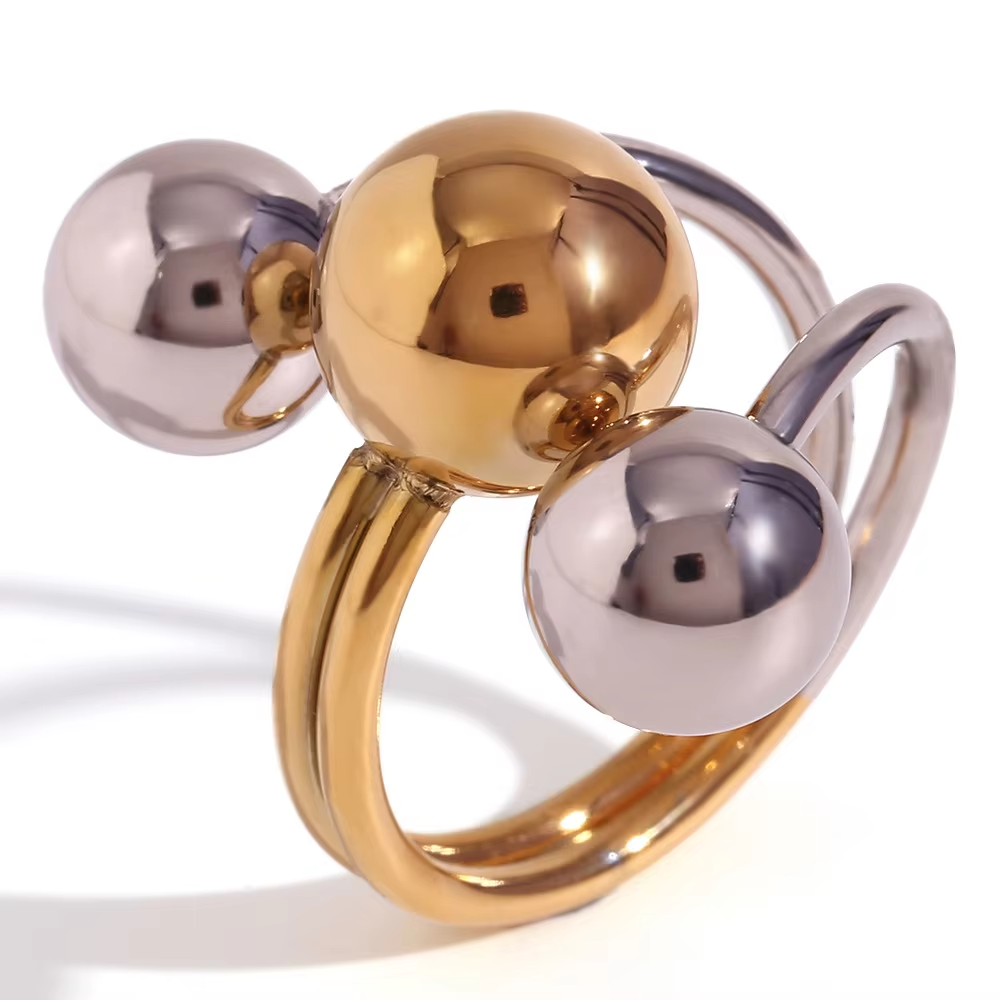 Adjustable Exaggerated Three-Ball Stainless Steel Ring – 18K Gold & Silver | Fashion Statement Jewelry