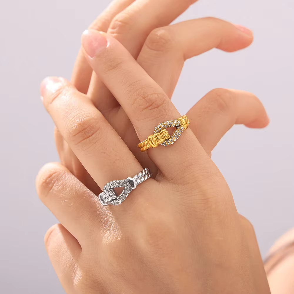 18K Gold & Silver Plated Stainless Steel Diamond Twist Rings – Wedding Party Jewelry Set
