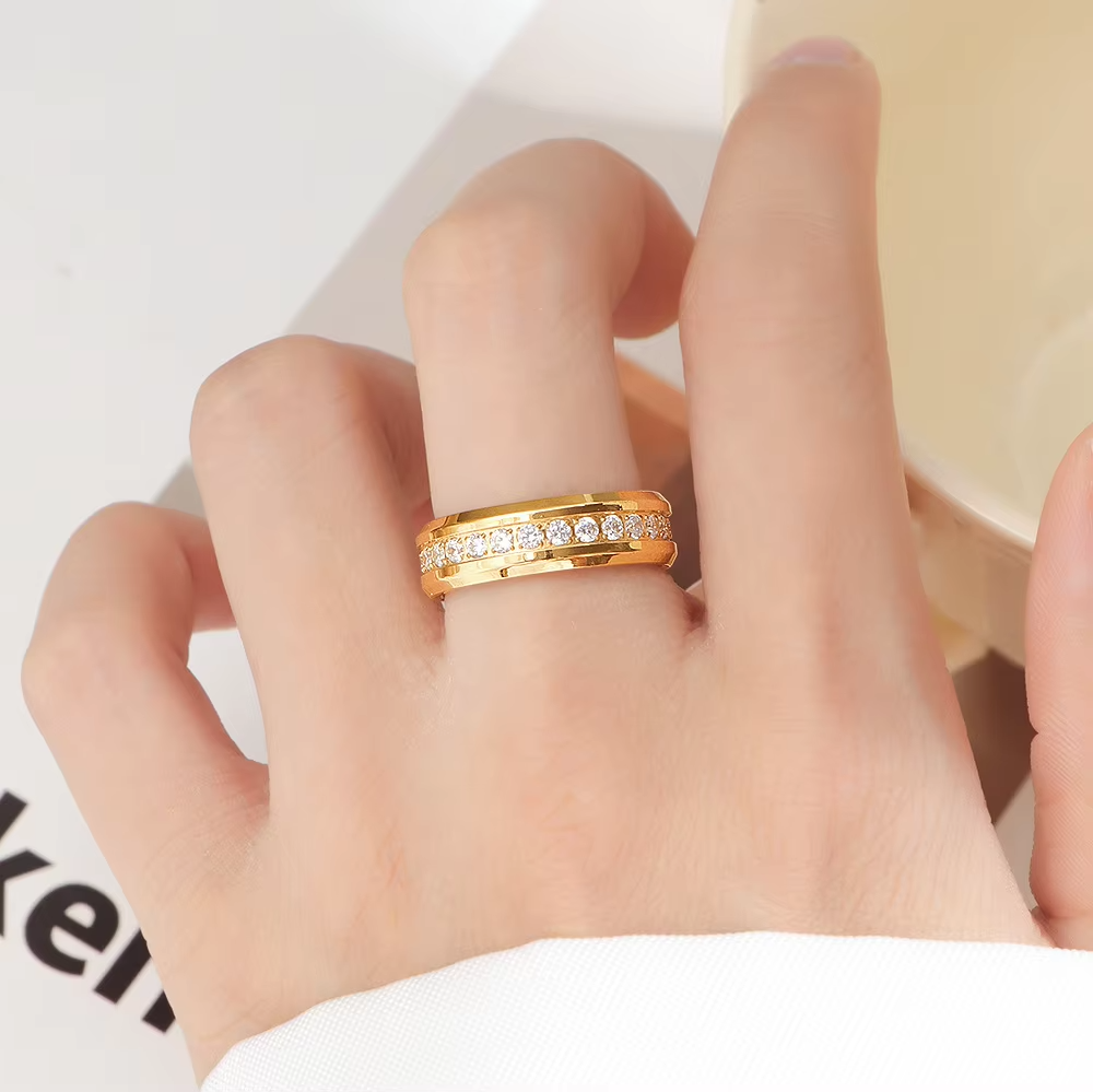 Classic Gold & Silver Titanium Steel Eternity Band with Cubic Zirconia – Wedding or Anniversary Fashion Ring