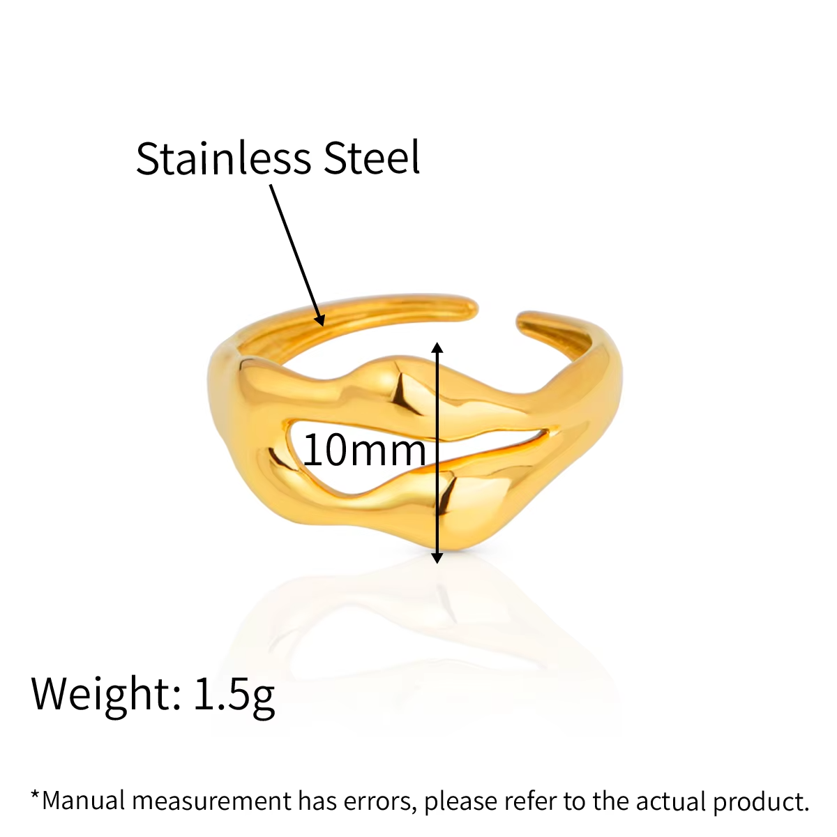 316L Stainless Steel Gold Plated Open Texture Ring – Simple Adjustable Finger Ring for Women