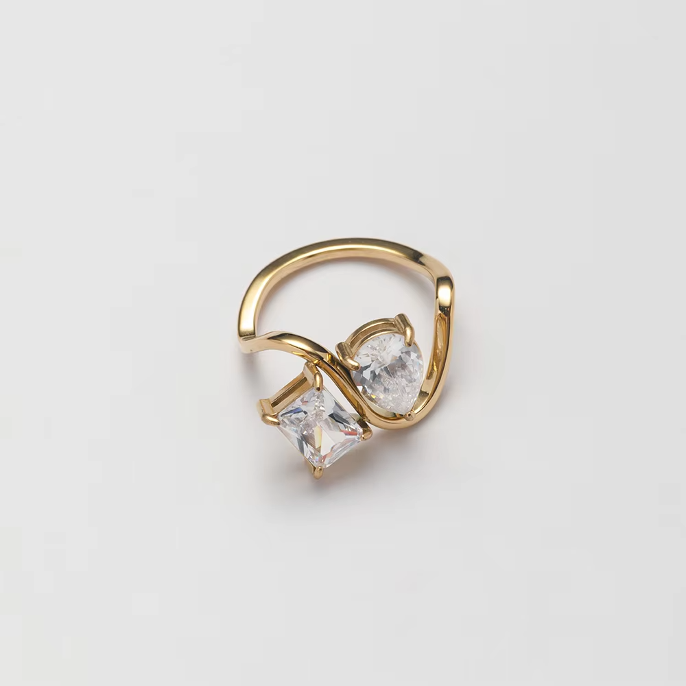 Unique Design 18K Gold Plated Stainless Steel Ring – Teardrop & Square Zircon Splicing Waterproof Jewelry for Women