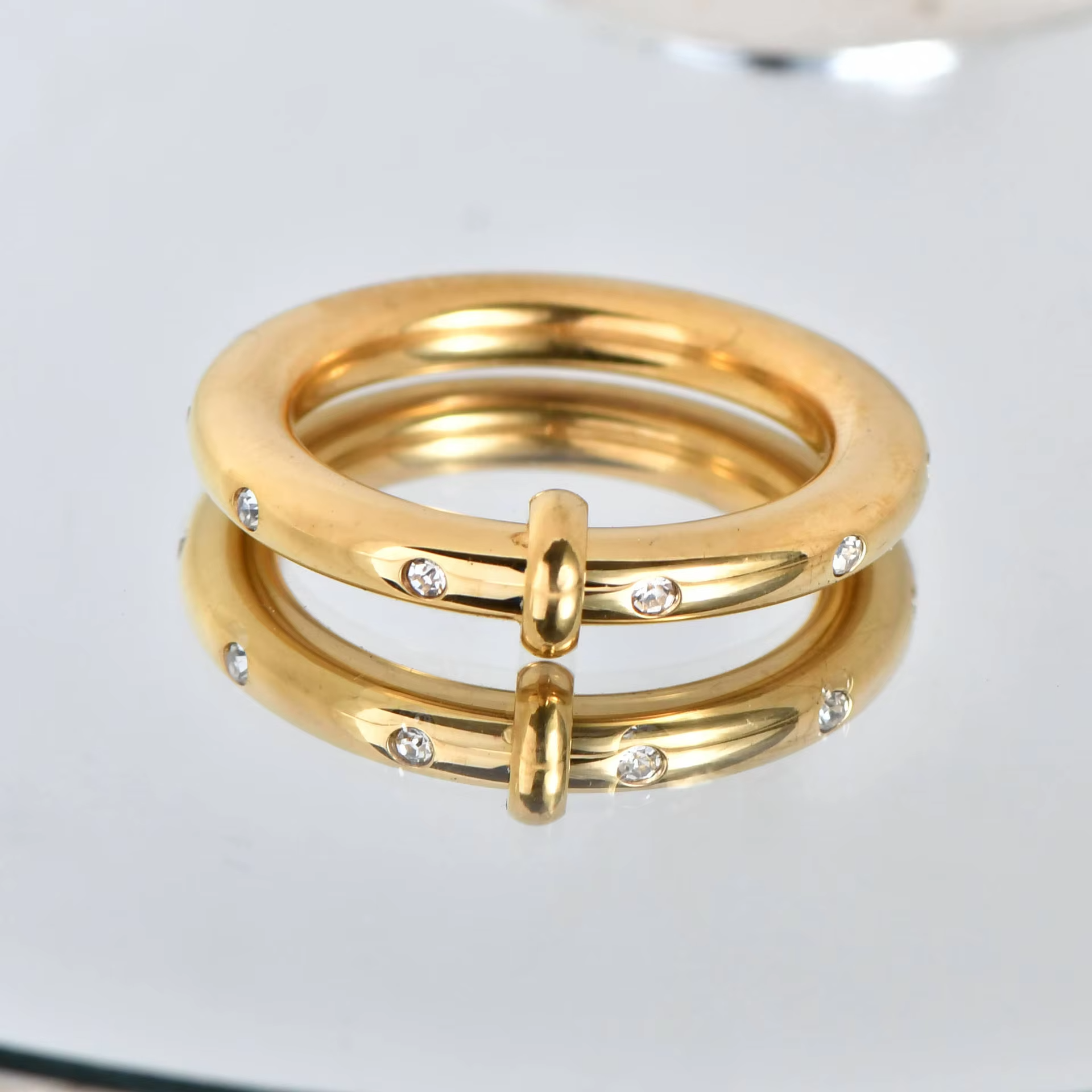 Trendy Titanium Steel Rhinestone Ring – Geometric Gold Plated Hand Jewelry